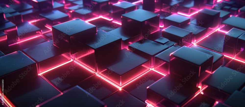 3d render, abstract blocks with pink neon light on a black background. generative AI image 3d render, abstract blocks with pink neon light on a black background. generative AI image
