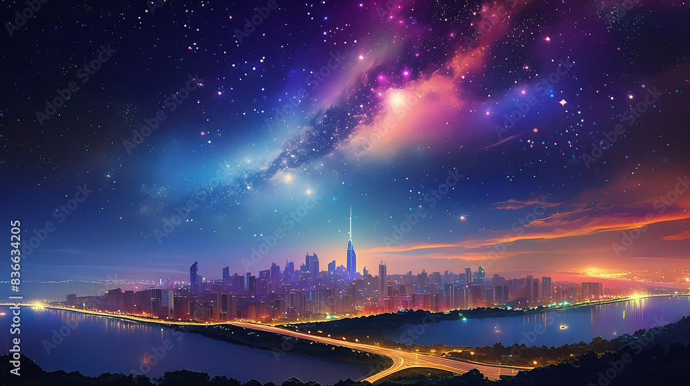 美しい星空と都会の風景 美しい星空と都会の風景