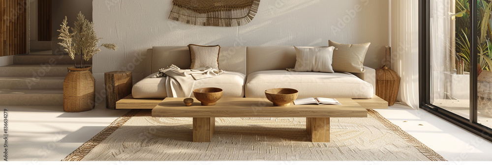 Beige sofa with a minimalist wooden coffee table and rug. Beige sofa with a minimalist wooden coffee table and rug.