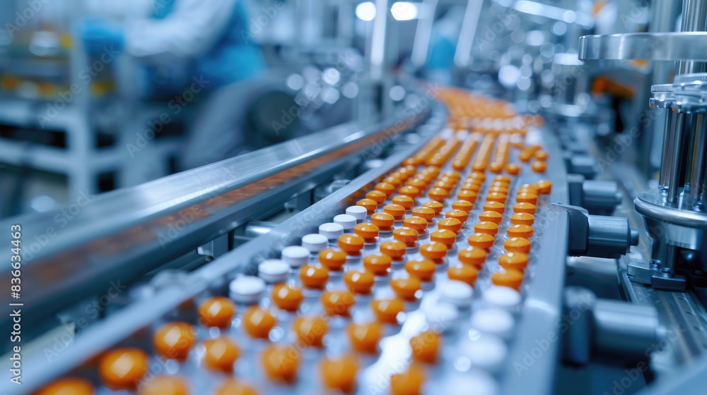 Obraz premium Pharmaceutical Plant with Automated Robots for Vitamin Bottling