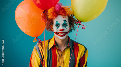 A young clown with a painted face happily holds a bouquet of colorful balloons. His smiling face and colorful balloons create a lively, cheerful image that immediately improves your mood. photo