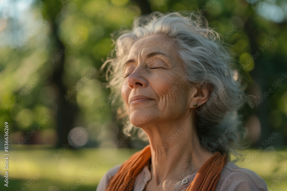 Senior woman practices deep breathing in a green park on a sunny day
