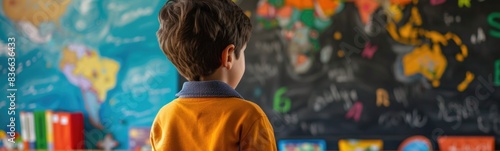 Young boy standing in front of a blackboard