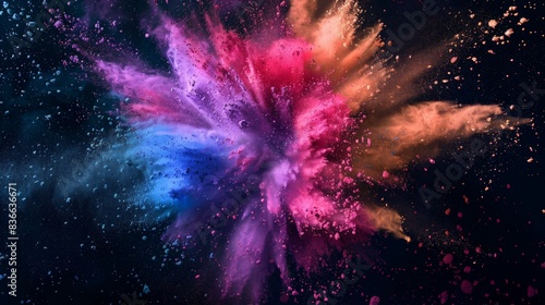 A vibrant explosion of colorful powder erupts against a stark black background  creating a mesmerizing cloud of particles that dance and swirl in mid-air. Colorful powder explosion on a black.