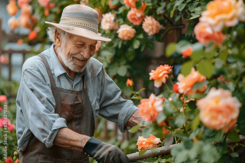 Old man in garden of roses Old man in garden of roses