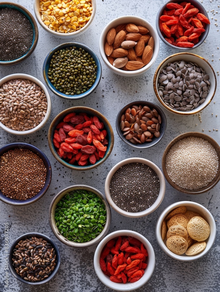 An overhead view of a selection of superfoods, including chia seeds, goji berries, flaxseeds, and almonds, displayed in small bowls on a minimalist white table. The clean composition emphasizes the An overhead view of a selection of superfoods, including chia seeds, goji berries, flaxseeds, and almonds, displayed in small bowls on a minimalist white table. The clean composition emphasizes the