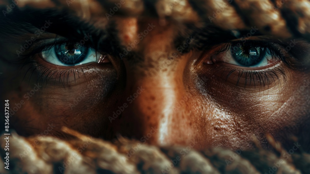 Close-up of a boxer intense eyes, staring through the ropes before a fight, capturing the mental focus and determination needed to succeed in the ring Close-up of a boxer intense eyes, staring through the ropes before a fight, capturing the mental focus and determination needed to succeed in the ring