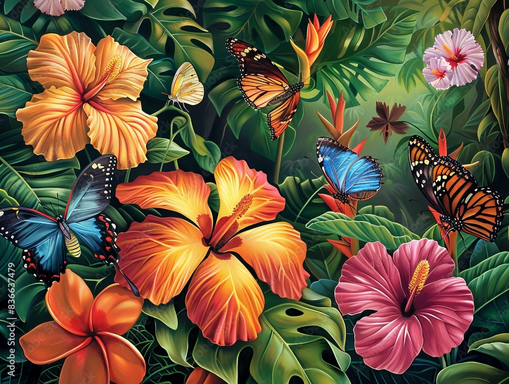 Close-up of colorful tropical flowers and butterflies in a jungle setting, highlighting the delicate and intricate beauty of jungle flora and fauna Close-up of colorful tropical flowers and butterflies in a jungle setting, highlighting the delicate and intricate beauty of jungle flora and fauna
