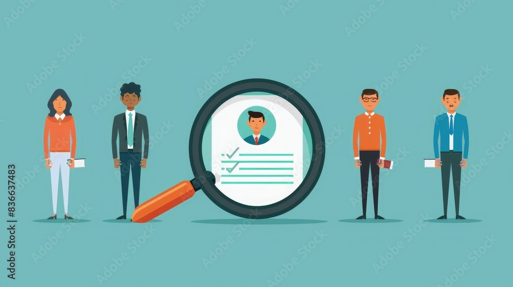 Illustration of four individuals standing, with a magnifying glass highlighting one, representing recruitment and candidate selection. Illustration of four individuals standing, with a magnifying glass highlighting one, representing recruitment and candidate selection.
