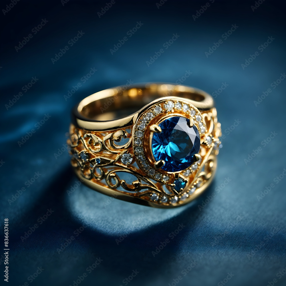 A stunning ring design adorned with a bright blue gemstone A stunning ring design adorned with a bright blue gemstone