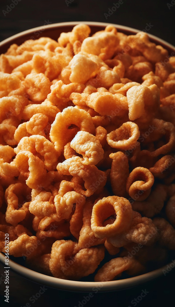 Fried pork cracklings, bowl of chicharrones mexican snack
Fried pork cracklings, bowl of chicharrones mexican snack