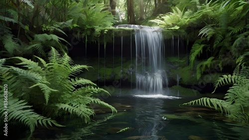  A crystal-clear waterfall cascading into a serene pool surrounded by fern