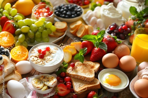A table full of food including fruits, vegetables, and eggs
