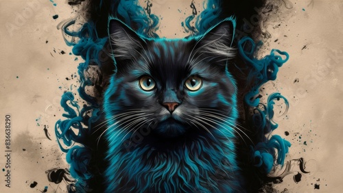 An image of a cat. The cat has a dark blue-black fur coat, expressive eyes. There is a pattern of blue and black ink or paint around the cat, giving the impression of smoke or an unearthly aura. photo