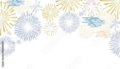 水彩、和風の花火柄のあしらい素材