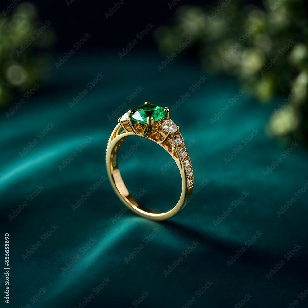A stunning ring design adorned with a bright green gemstone glimmering in the light A stunning ring design adorned with a bright green gemstone glimmering in the light