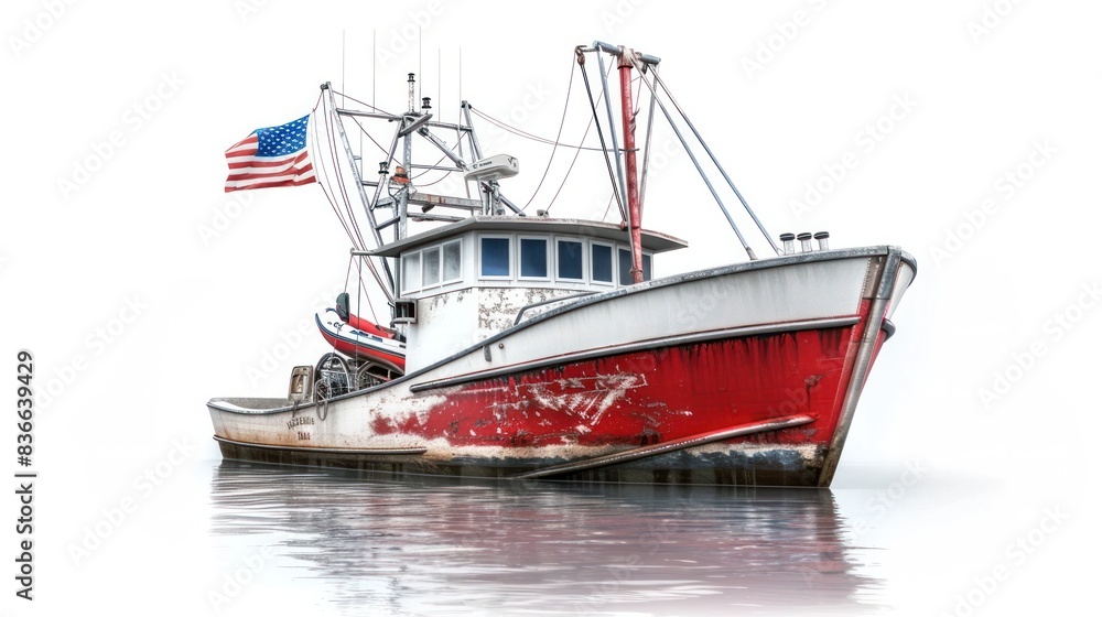 American Flag Fishing Boat on White Isolated Background