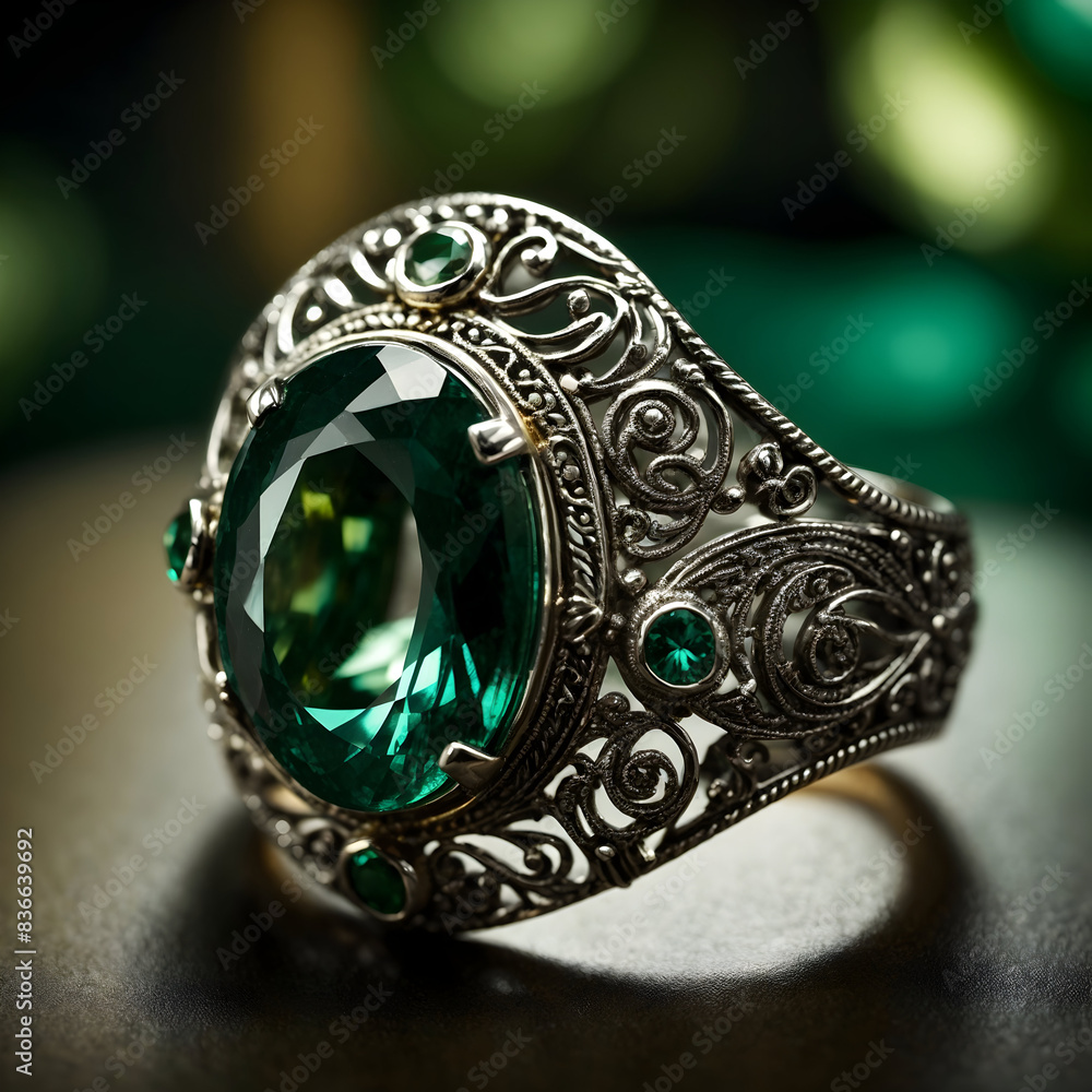 A stunning ring design adorned with a bright green gemstone glimmering in the light A stunning ring design adorned with a bright green gemstone glimmering in the light
