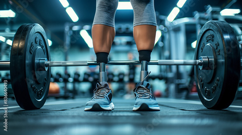 Woman with transtibial prosthetic legs lifting weights at the gym. photo