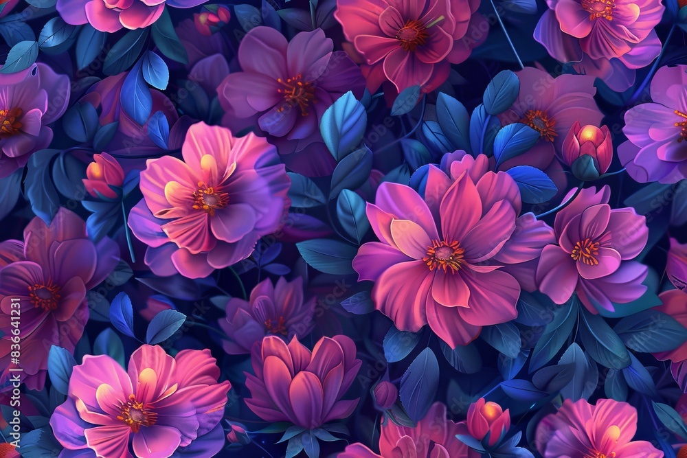 A radiant seamless floral based pattern design for visually striking artwork A radiant seamless floral based pattern design for visually striking artwork
