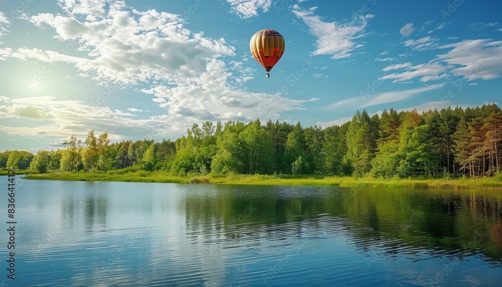 Obraz premium Summer Serenity: River, Trees, and a Hot Air Balloon