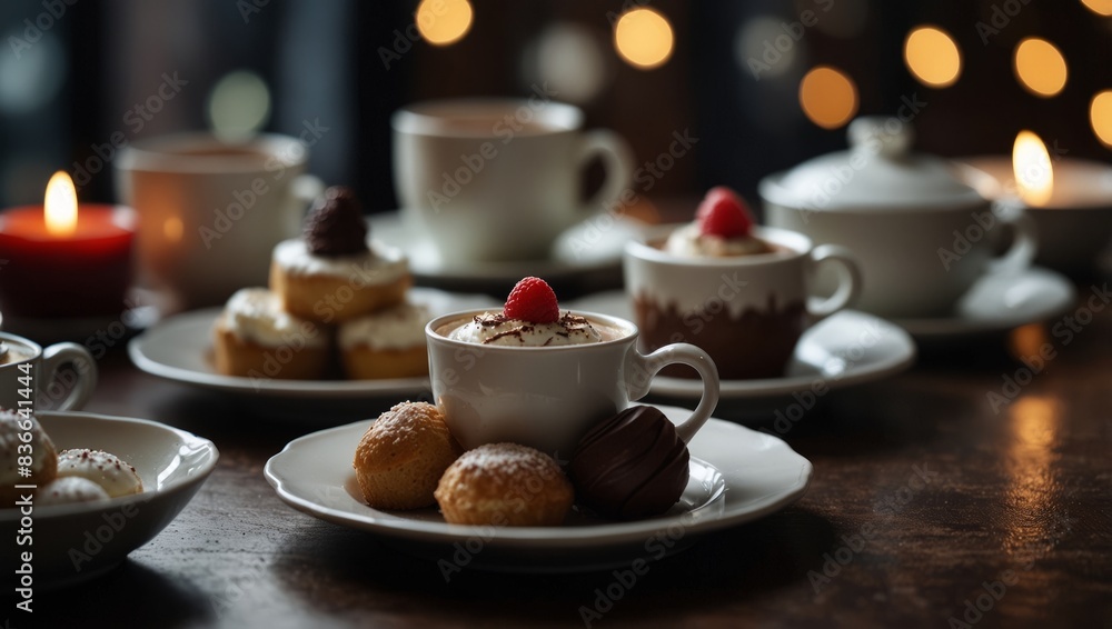 A table adorned with white plates showcasing an array of delectable desserts, accompanied by cups brimming with steaming hot chocolate and topped with. A table adorned with white plates showcasing an array of delectable desserts, accompanied by cups brimming with steaming hot chocolate and topped with.