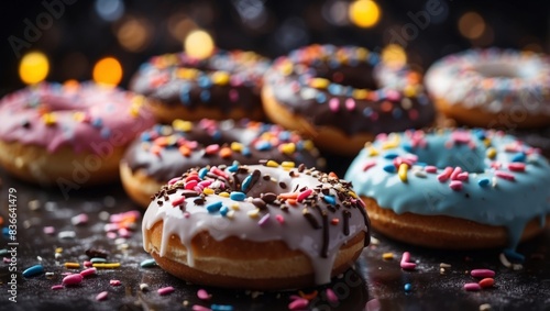 A close-up of various doughnuts with icing and sprinkles.