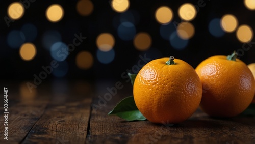 Oranges arranged on wood table, black background.