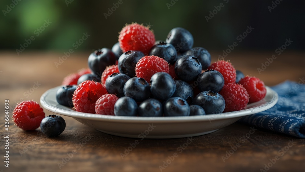 A plate of blueberries and raspberries displayed on a table. A plate of blueberries and raspberries displayed on a table.