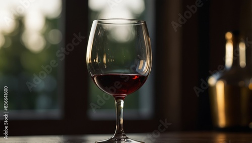 A wine glass sits on a table, casting a shadow beside it.