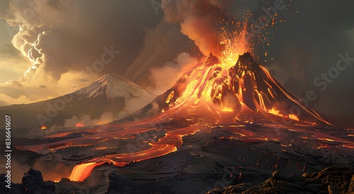 Volcanic eruption Landscape. Lava flowing, ash clouds rising, and molten rocks spewing into the sky. Dramatic and intense scene. photo