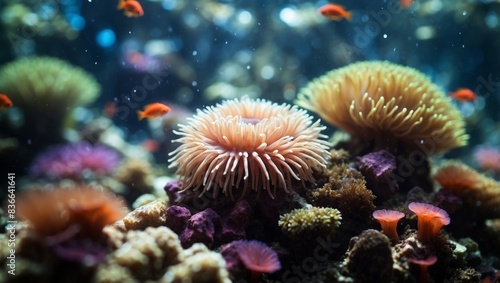 A close-up of a sea anemone and various marine creatures in an aquarium surrounded by coral and algae.