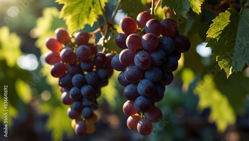 A cluster of grapes dangles from a vine as sunlight filters through the leaves above.