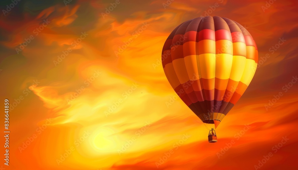 Obraz premium **Sunset Serenade: A Vibrant Hot Air Balloon Soaring Across the Orange Sky**
