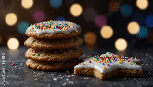 A white cloth bears a cookie stack decorated with sprinkles and a star atop one of the treats. photo