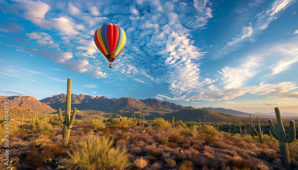 Obraz premium Dawn Serenity: A Vibrant Hot Air Balloon Soaring over the Sonoran Desert in Tucson, Arizona