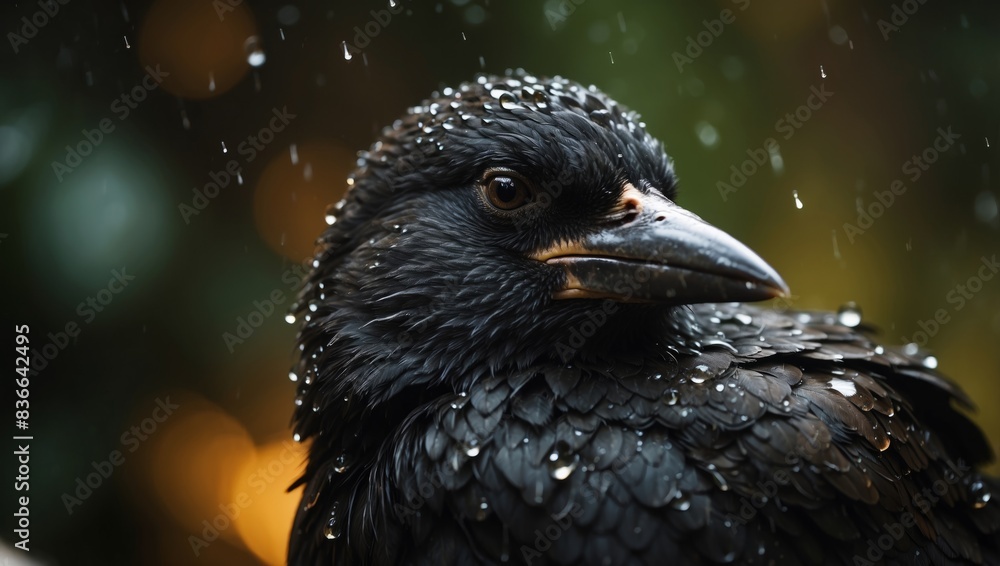 Obraz premium A tight shot of a black bird, adorned with water droplets on its face and beak.