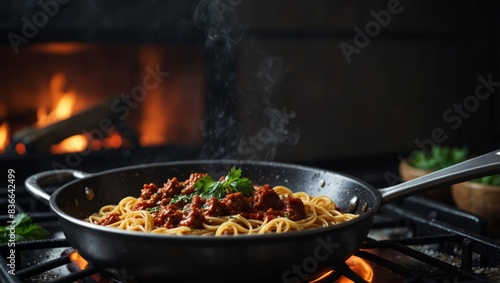 A pan of spaghetti with meat sauce and parsley on a stove.