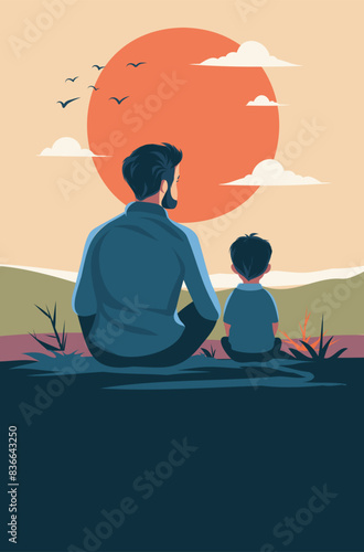 Vector holiday banner stylish cute flat illustration with place for text, father and son, sitting pose, looking at sunset. Father's Day templates, dad, I love you, for poster, cover, card