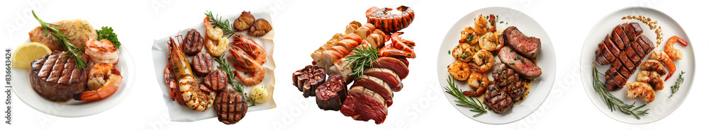 surf and turf with juicy steak, shrimp, and prawn, Isolated PNG, transparent cutout, top view surf and turf with juicy steak, shrimp, and prawn, Isolated PNG, transparent cutout, top view