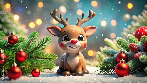 Cartoon baby reindeer with a red nose, surrounded by Christmas decorations , Christmas,cute, baby, reindeer, red nose, holiday, festive, winter, character, cartoon, antlers, snowflakes