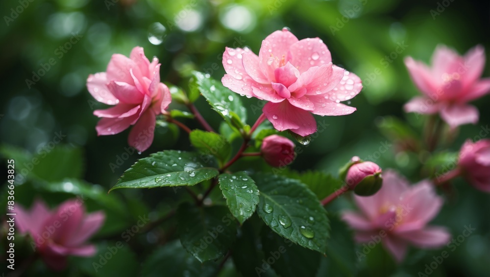 Pink flower droplets on green leaves in white light. Pink flower droplets on green leaves in white light.