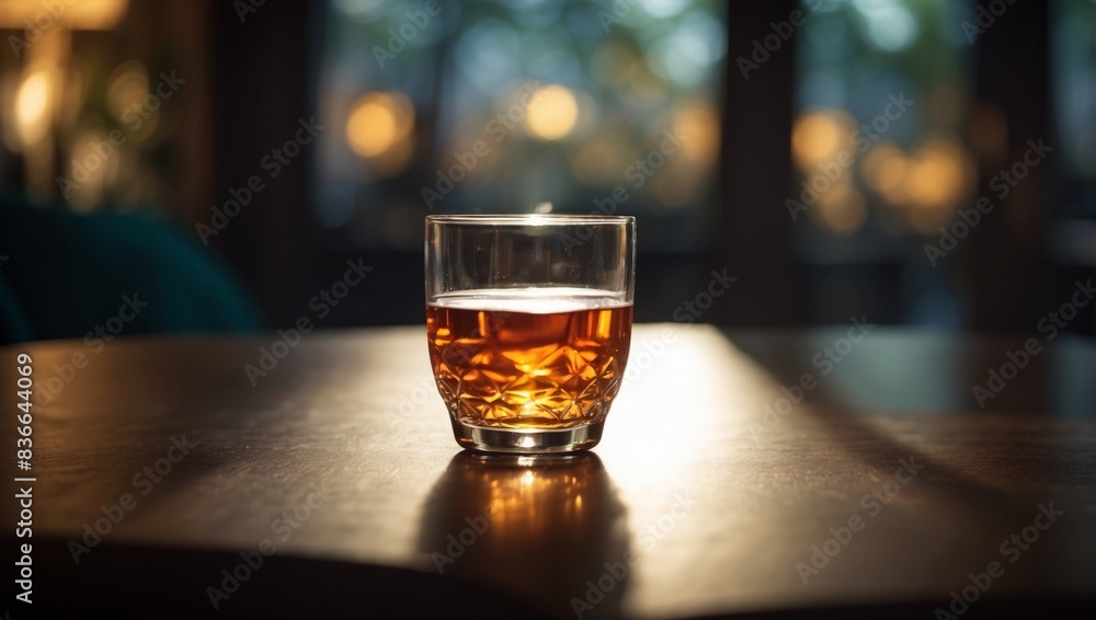 A glass of tea rests atop a table, with a person's shadow stretched out on the floor beside it. A glass of tea rests atop a table, with a person's shadow stretched out on the floor beside it.
