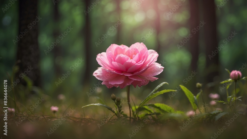 A pink flower rests atop a verdant meadow beside a dense forest brimming with towering trees. A pink flower rests atop a verdant meadow beside a dense forest brimming with towering trees.