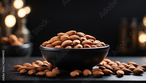 A bowl holding almonds rests atop a black countertop, adjacent to a mound of almonds. photo