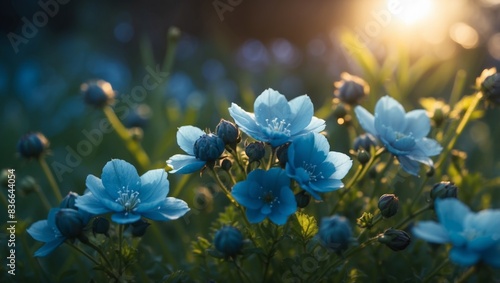 A cluster of azure blossoms rests atop a verdant meadow with the sun sinking in the background. photo
