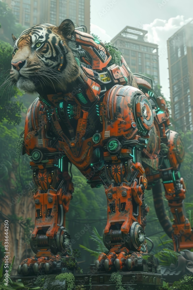 Fototapeta premium A robotic tiger stands amidst a cityscape, its metallic body blending with the urban jungle.