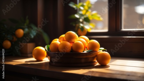 A cluster of juicy oranges placed atop a wooden desk near an open window during bright sunlight.
