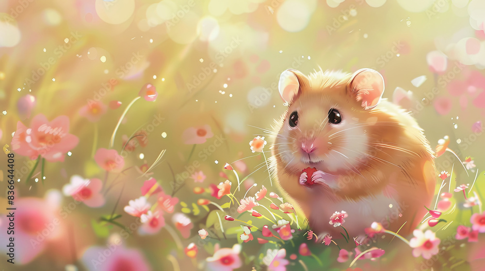 A hamster sitting in a field of flowers A hamster sitting in a field of flowers