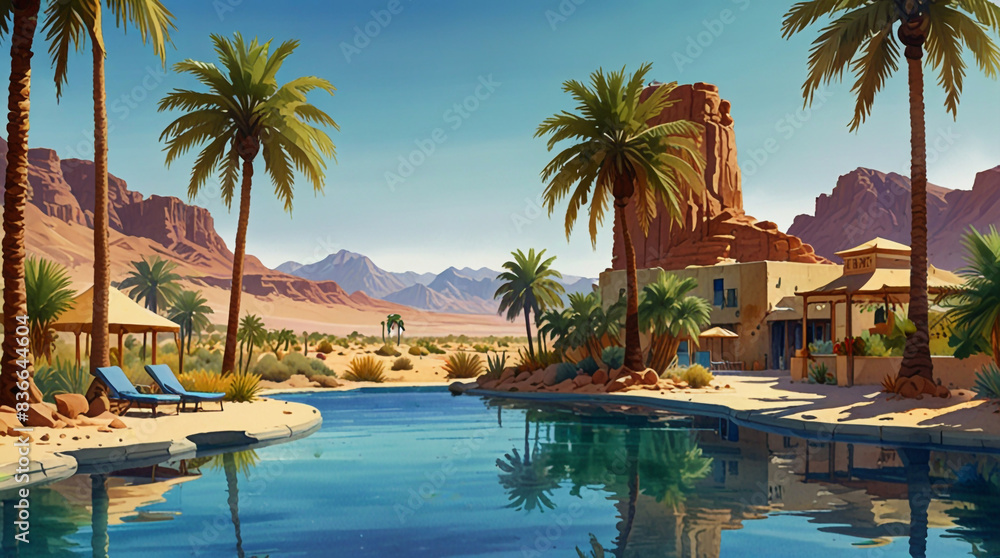 Fototapeta premium Watercolor painting: A mirage of an oasis in the scorching desert heat, with a shimmering pool of water and a few palm trees offering a momentary refuge,